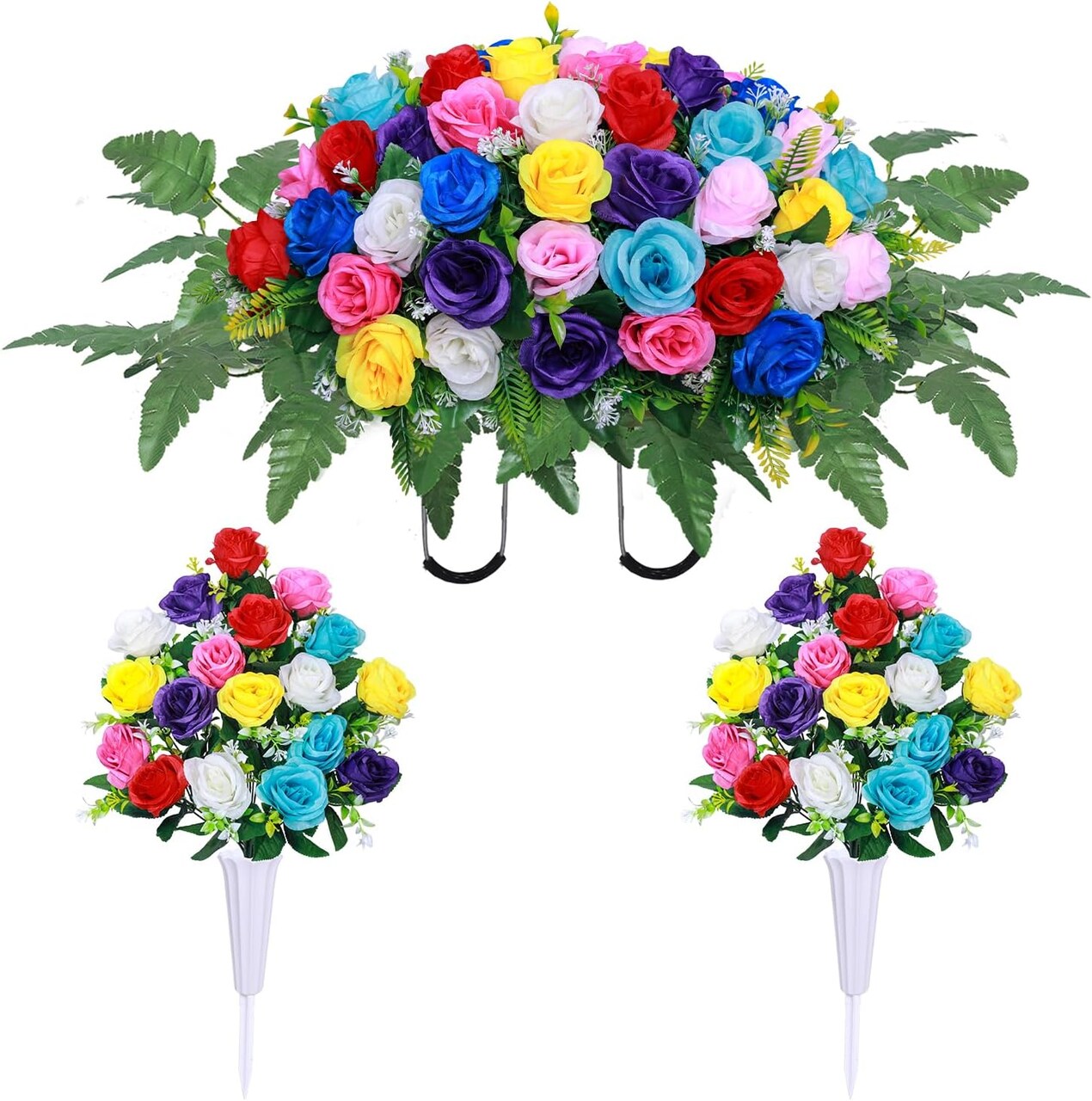 Artificial Cemetery Flower Saddle – Silk Flower Arrangement for Headstones, Memorial Bouquet with Vase for Grave & Tombstone Decoration (1 Saddle, 2 Bouquets, Color)
